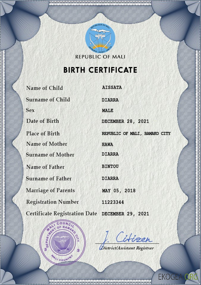 Modèle PSD d'acte de naissance du Mali